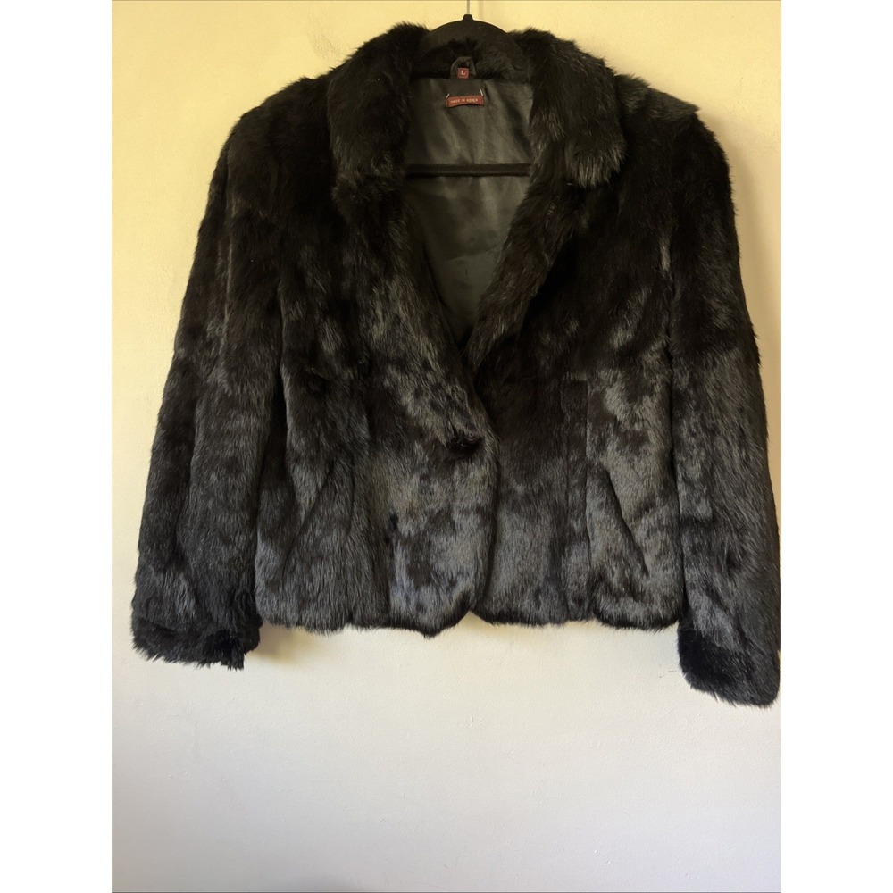 Vintage 80s Rabbit Fur Jacket L Black Genuine Fur Coat Satin Lined Mob Wife Glam